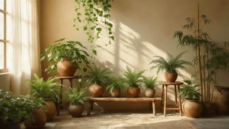 A serene wabi-sabi inspired interior featuring trailing pothos and delicate ferns in weathered planters, bamboo in reclaimed wooden containers, illuminated by warm afternoon light through sheer curtains, highlighting organic imperfections and rich textures.