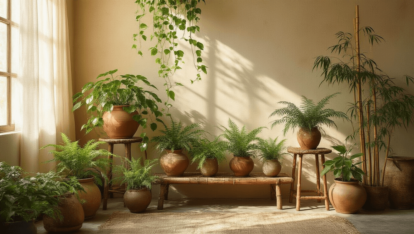 A serene wabi-sabi inspired interior featuring trailing pothos and delicate ferns in weathered planters, bamboo in reclaimed wooden containers, illuminated by warm afternoon light through sheer curtains, highlighting organic imperfections and rich textures.