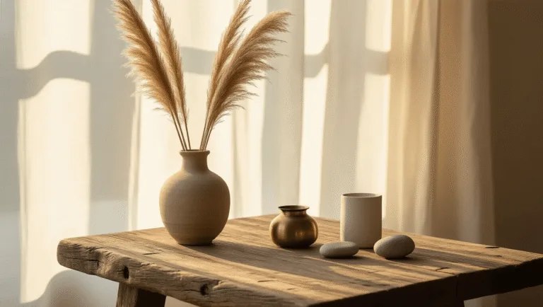 Cinematic close-up of a handcrafted wabi-sabi side table made from reclaimed oak, featuring live edges, a handmade ceramic vase with dried pampas grass, smooth stones, and a vintage brass incense holder, all bathed in warm golden hour light.