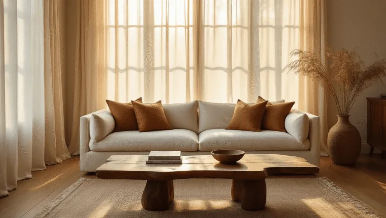 Cinematic wide-angle shot of a warm urban living room during golden hour, featuring a cream linen sofa, walnut coffee table, and rustic decor elements against a textured backdrop.