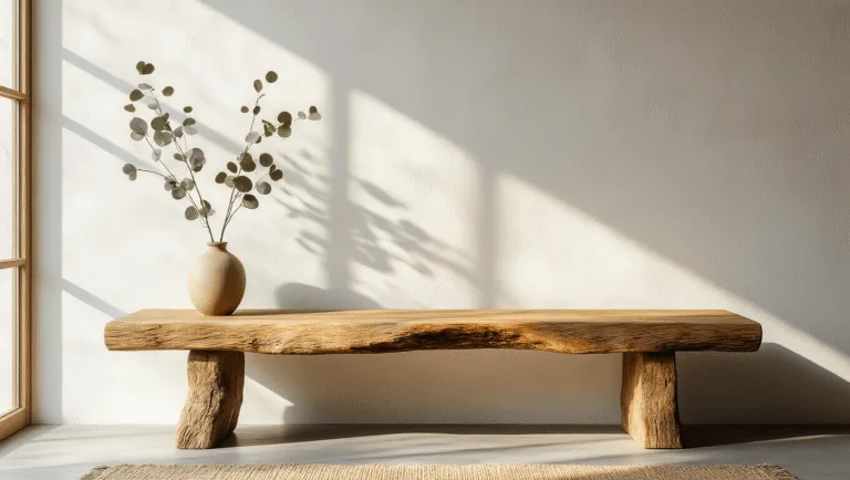 A sunlit minimalist entryway featuring a handcrafted weathered oak bench with live edges, positioned against a textured white wall, with golden morning light casting shadows and a dried eucalyptus branch in a vase above.