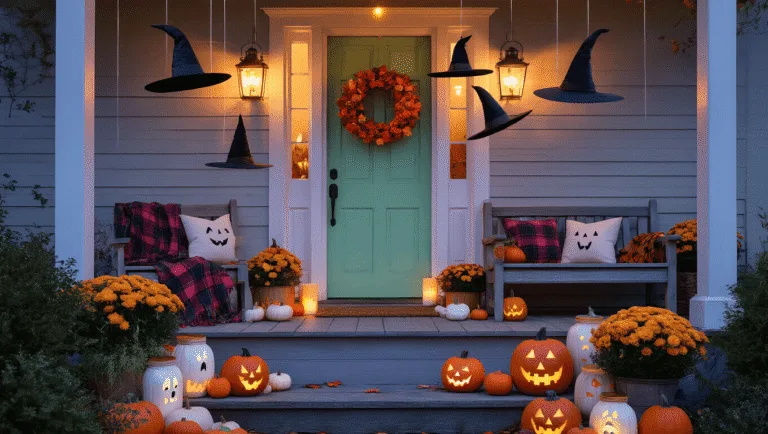 A whimsical Halloween porch scene at twilight, featuring a mint green door adorned with a pastel pumpkin wreath, floating witch hats, rustic wooden bench with plaid blankets, and friendly carved pumpkins lining the steps, all illuminated by warm candles and string lights.