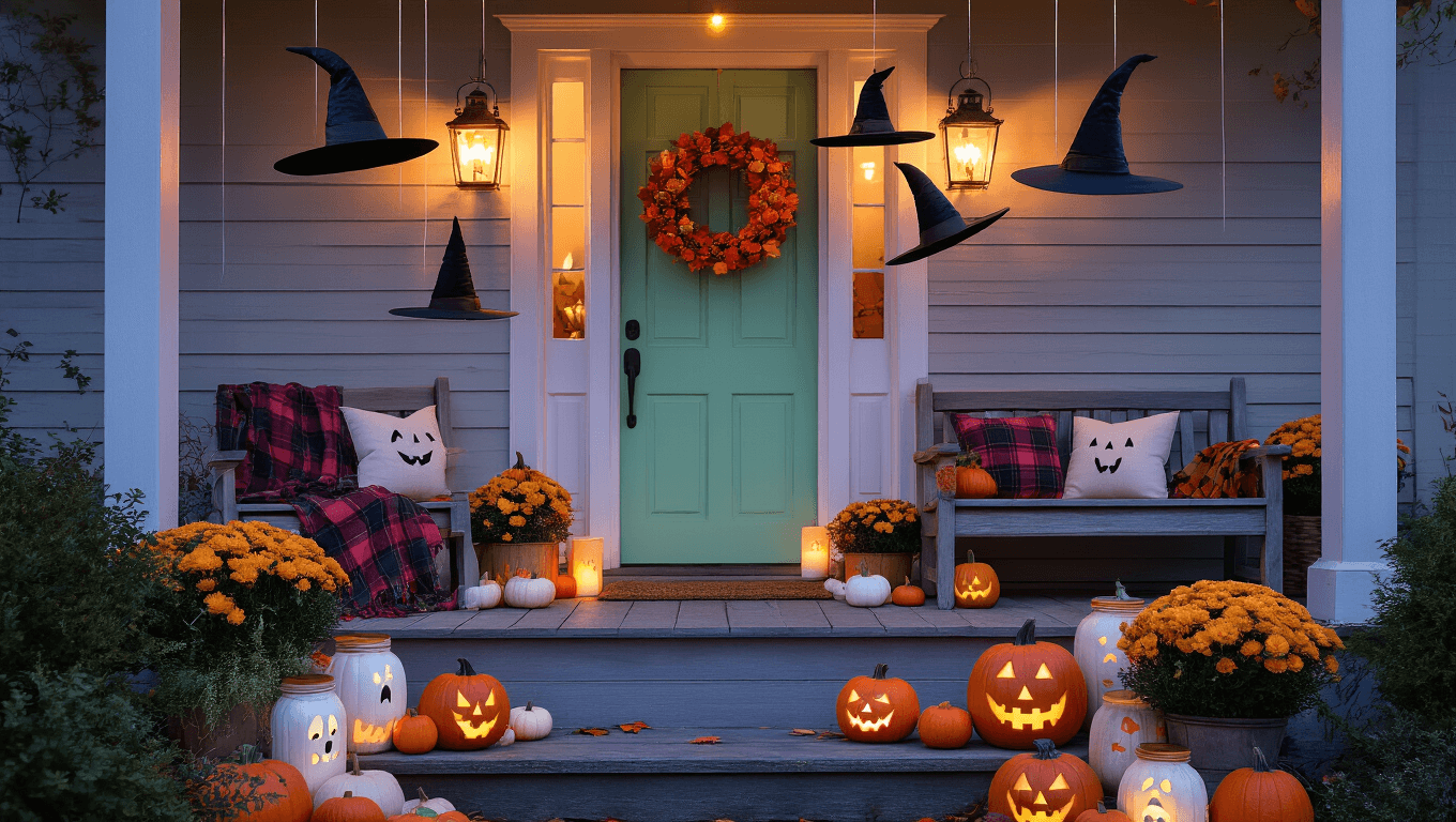 A whimsical Halloween porch scene at twilight, featuring a mint green door adorned with a pastel pumpkin wreath, floating witch hats, rustic wooden bench with plaid blankets, and friendly carved pumpkins lining the steps, all illuminated by warm candles and string lights.