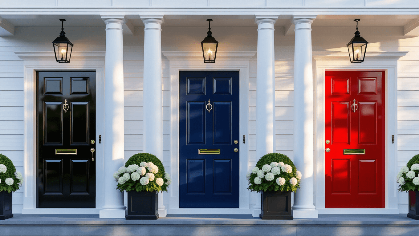 Photorealistic triptych of a grand Colonial house exterior featuring glossy black, navy blue, and bold red doors with polished nickel hardware, surrounded by boxwood topiaries and white hydrangeas, captured at golden hour with dramatic lighting and ultra-sharp focus.