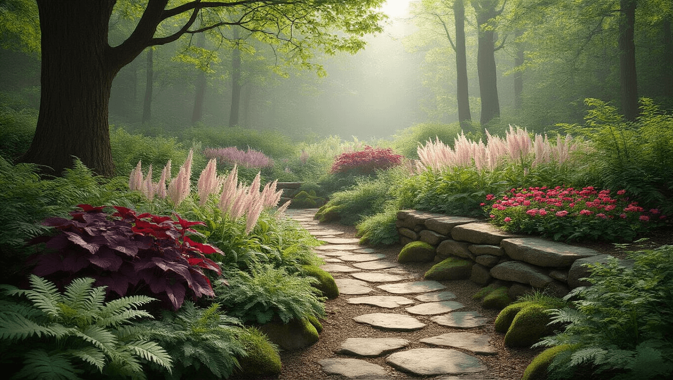Photorealistic woodland garden path illuminated by dappled sunlight, featuring Japanese Painted Ferns, Heuchera, Astilbe, Bleeding Hearts, and Primroses, with a winding stone pathway and a vintage copper lantern, captured in soft morning mist during golden hour.