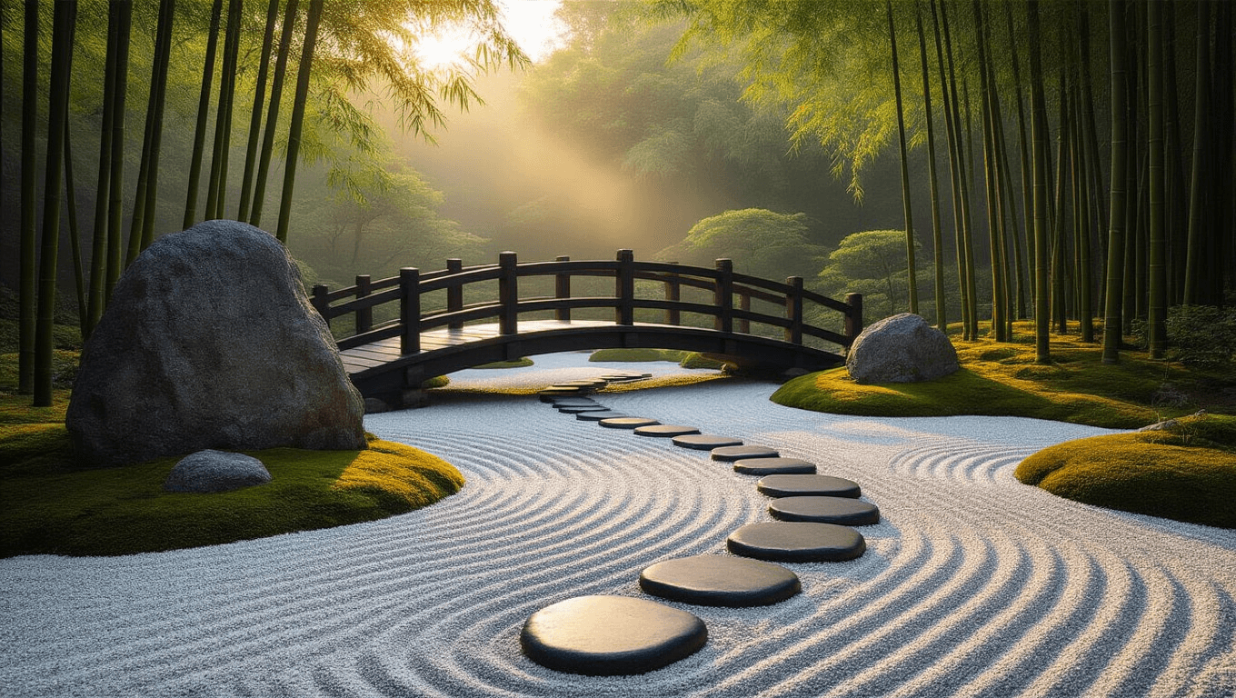 A serene Japanese rock garden at golden hour, featuring massive granite boulders in white raked gravel, a dark wooden footbridge, and bamboo plants casting shadows, with soft mist hovering above, captured in a desaturated color palette.