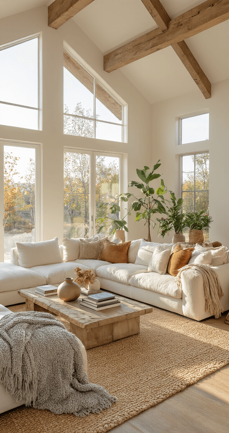 A sunlit living room with vaulted ceilings and exposed wooden beams, featuring a creamy white oversized sectional, textured throw pillows, a chunky grey knit blanket, jute and faux fur rugs, potted plants, and a weathered wood coffee table with stacked books and pampas grass. Captured from a low angle near the entrance in warm golden hour lighting.