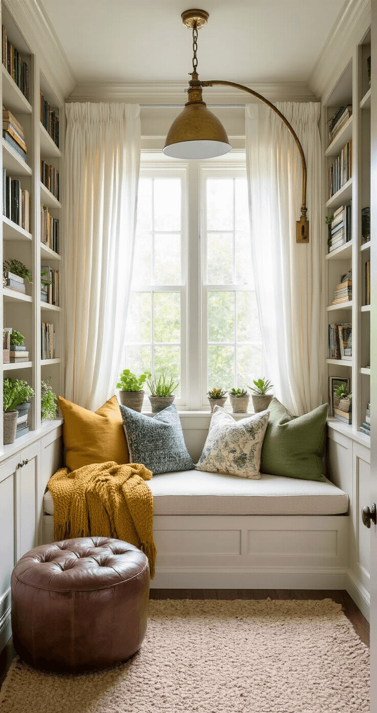 A cozy reading nook in a bay window alcove, featuring a cushioned beige window seat adorned with patterned pillows and a mustard yellow throw. Built-in bookshelves filled with books and succulents flank the seat, while a vintage brass floor lamp casts a warm glow. A leather ottoman holds a steaming mug of tea. The scene is illuminated by soft morning light filtering through sheer curtains, captured from a slight bird's-eye view.