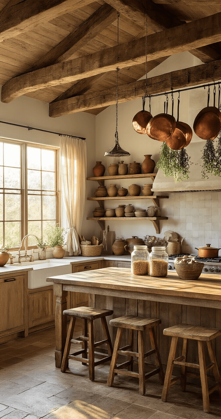 A cozy rustic farmhouse kitchen featuring soaring ceilings and wooden rafters, illuminated by golden hour sunlight. Floating shelves display earthenware pottery and glass jars, while a large butcher block island is surrounded by weathered stools. Copper pots hang from a ceiling rack, and a vintage apron sink sits below a window with gauzy curtains, accompanied by dried herbs hanging on the wall. The image is captured from a corner angle, highlighting the kitchen's inviting atmosphere.