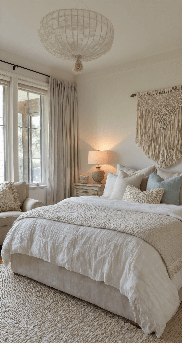 Cozy master bedroom featuring a king-sized bed with a plush white duvet and textured quilts, distressed wood bedside tables with ceramic lamps, a macramé wall hanging, sheer light grey curtains, and an overstuffed armchair with a throw blanket and book, all bathed in warm evening light.