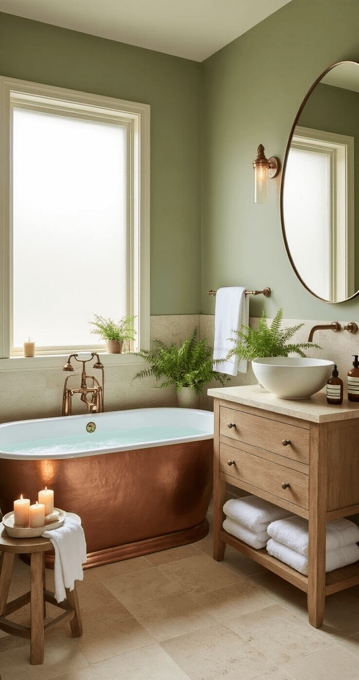 A luxurious bathroom featuring a freestanding copper bathtub, warm-toned travertine tiles, and soothing sage green walls, illuminated by soft afternoon light and flickering candlelight. A floating wooden vanity with a vessel sink and potted ferns complements the serene atmosphere.