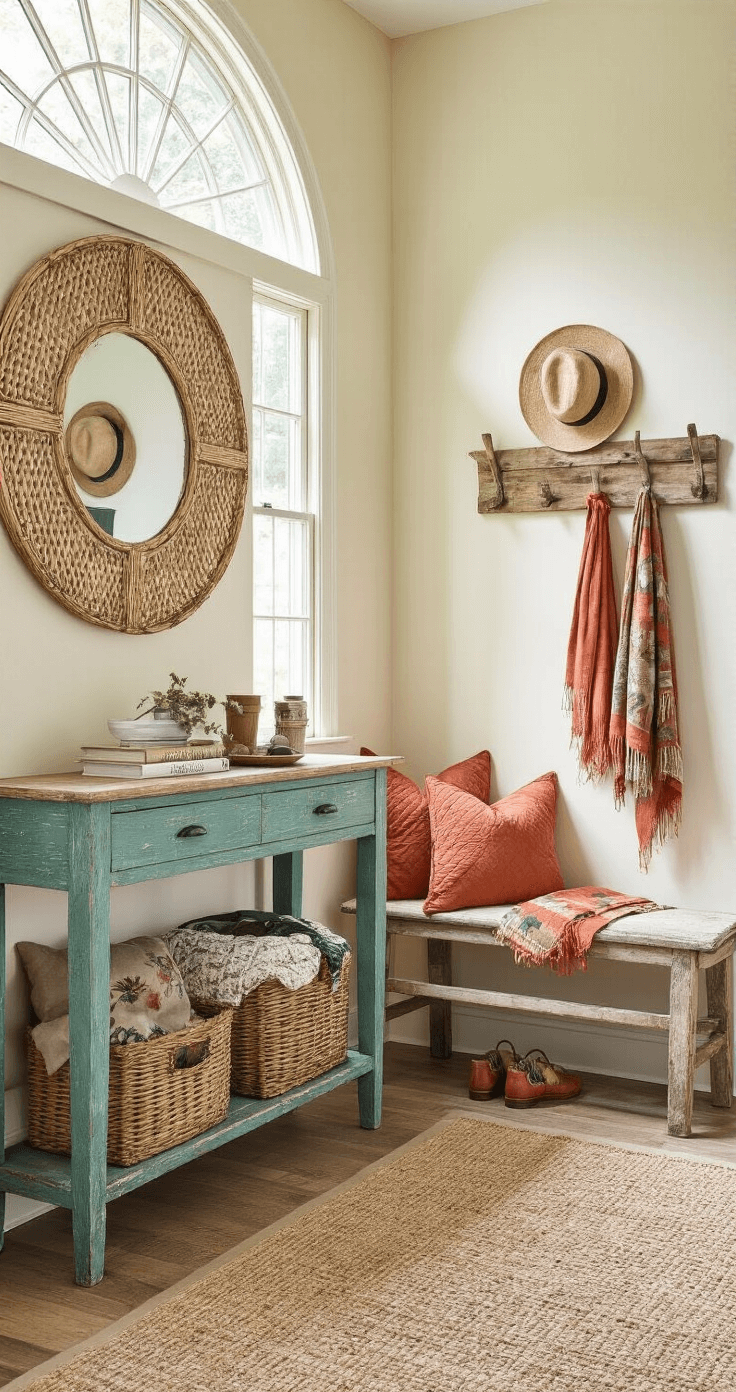 A cozy entryway featuring a vintage console table in distressed teal, a round rattan mirror, a weathered bench with a terracotta cushion, woven baskets, and a reclaimed wood coat rack adorned with scarves and hats, all bathed in warm late morning light.