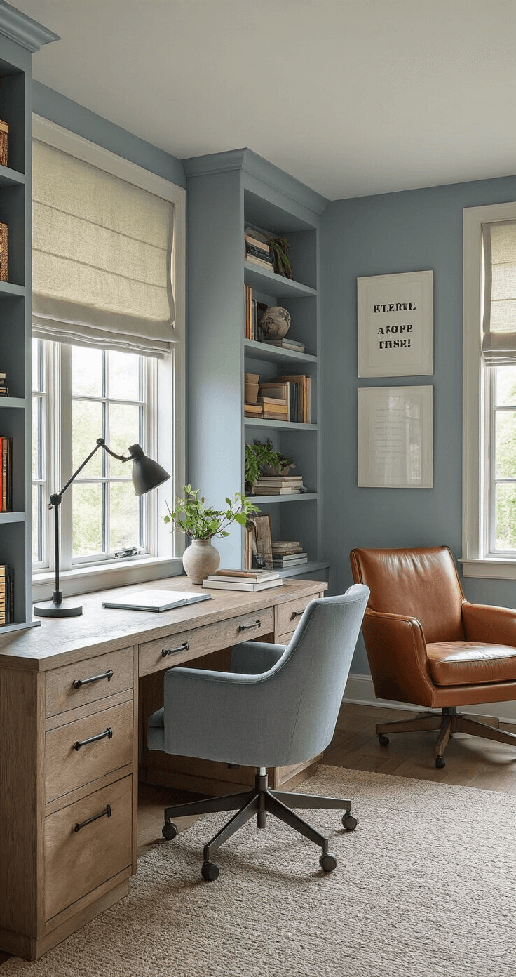 A cozy multi-functional home office featuring a weathered wooden desk, ergonomic grey velvet chair, open shelving, a mid-century modern reading area, and large windows with Roman shades, all bathed in diffused afternoon light.