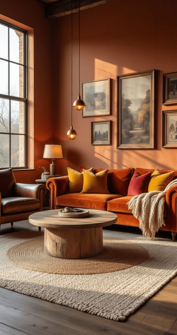 A warm and inviting spacious living room featuring a rust-orange velvet sofa with colorful throw pillows, a distressed leather armchair with a knit blanket, and a natural wood coffee table on layered rugs; golden hour light streams through large windows highlighting terracotta walls and a gallery wall of vintage frames.