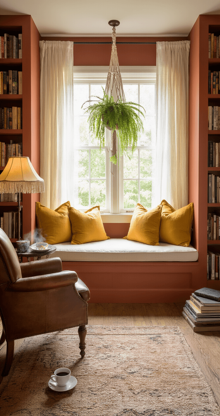 Cozy reading nook with deep window seat and built-in bookshelves, adorned with plush mustard yellow and cream cushions; soft terracotta walls and warm wooden floorboards, featuring a macramé plant hanger with a fern, vintage floor lamp, leather reading chair, stacks of books, and a steaming cup of coffee, all bathed in early morning light.