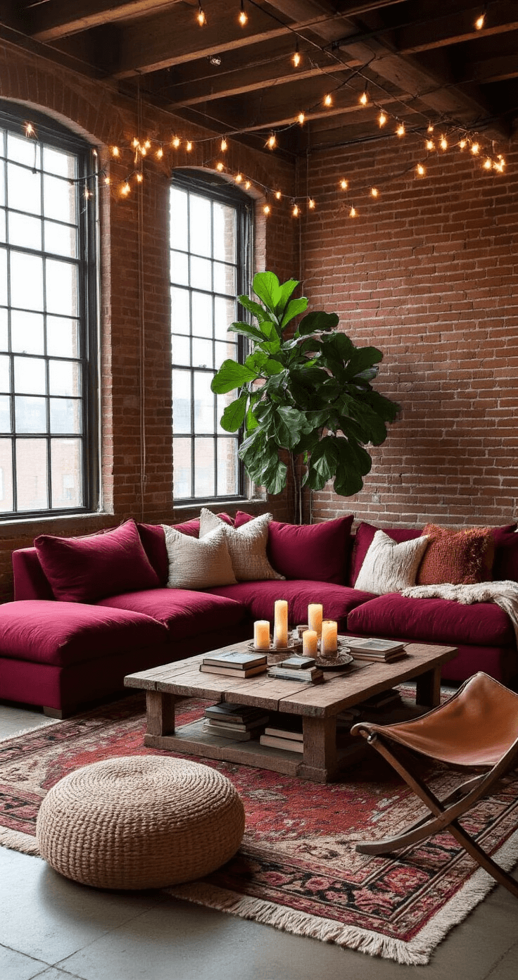 Cozy loft-style living area corner with exposed brick walls, high ceilings, and evening string lights, featuring a large cranberry sectional, textured pillows, a reclaimed wood coffee table with candles and vintage books, a jute pouf, leather sling chair, fiddle leaf fig tree, and layered Moroccan rugs in warm hues.