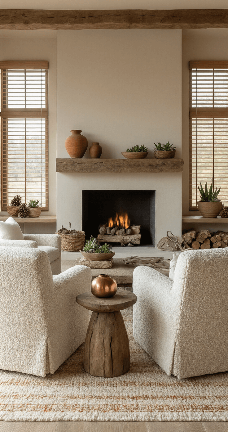 A cozy 18x15ft living room with a modern rustic aesthetic, featuring a large stone fireplace, oversized tweed armchairs, and warm light filtering through wooden blinds, creating a welcoming atmosphere.