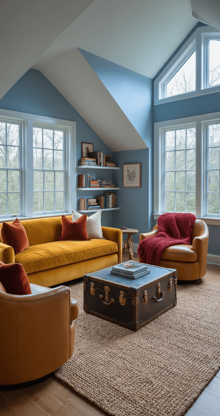 A cozy den featuring sloped ceilings and a large bay window, illuminated by soft twilight and warm interior lighting. A mustard yellow velvet loveseat with rust and cream pillows, a cranberry red knit throw, and caramel leather swivel chairs surround a vintage trunk coffee table. A jute rug layered with a kilim covers the hardwood floor, while wall-mounted shelves display books and art. Edison bulb lighting enhances the warm, eclectic atmosphere.
