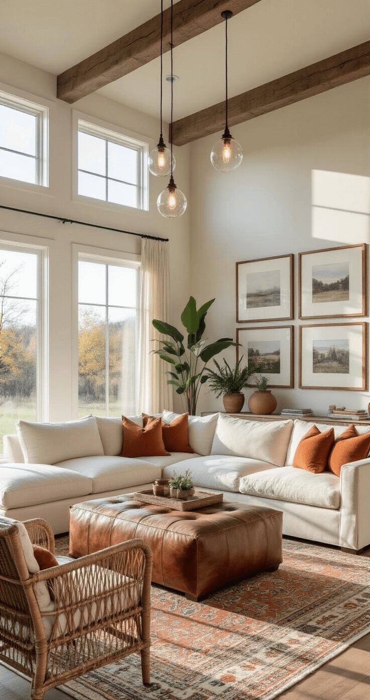 A spacious modern farmhouse living area featuring a creamy white L-shaped sectional, rust and terracotta throw pillows, a distressed leather ottoman, rattan armchairs, and a muted geometric area rug, illuminated by pendant lights and evening light, with family photos and potted plants enhancing the cozy atmosphere.