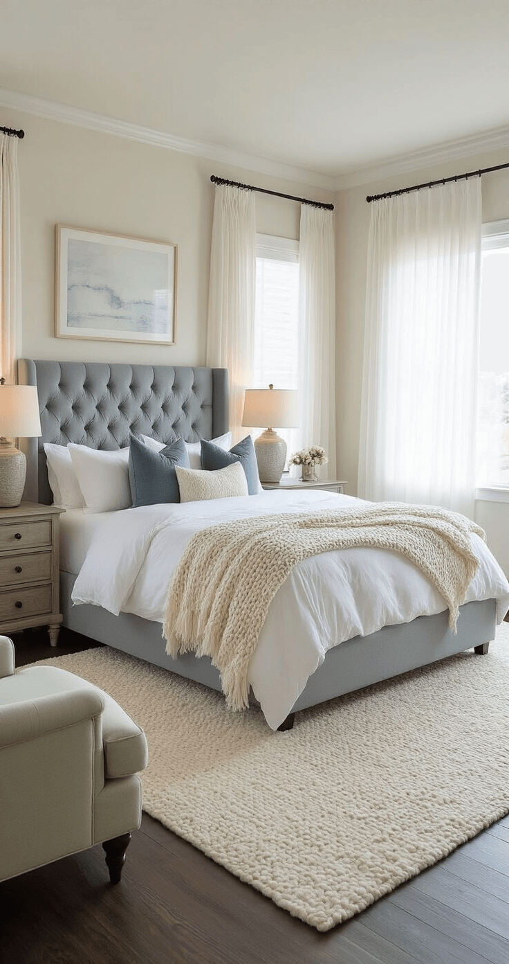 A spacious master bedroom with soft morning light, featuring a king-size bed with a tufted gray velvet headboard, crisp white sheets, and textured pillows in muted blues and grays, flanked by weathered wood nightstands and ceramic lamps. A cozy reading nook with a soft green velvet armchair and a plush cream area rug on dark hardwood floors, all within pale gray walls adorned with black and white photography.