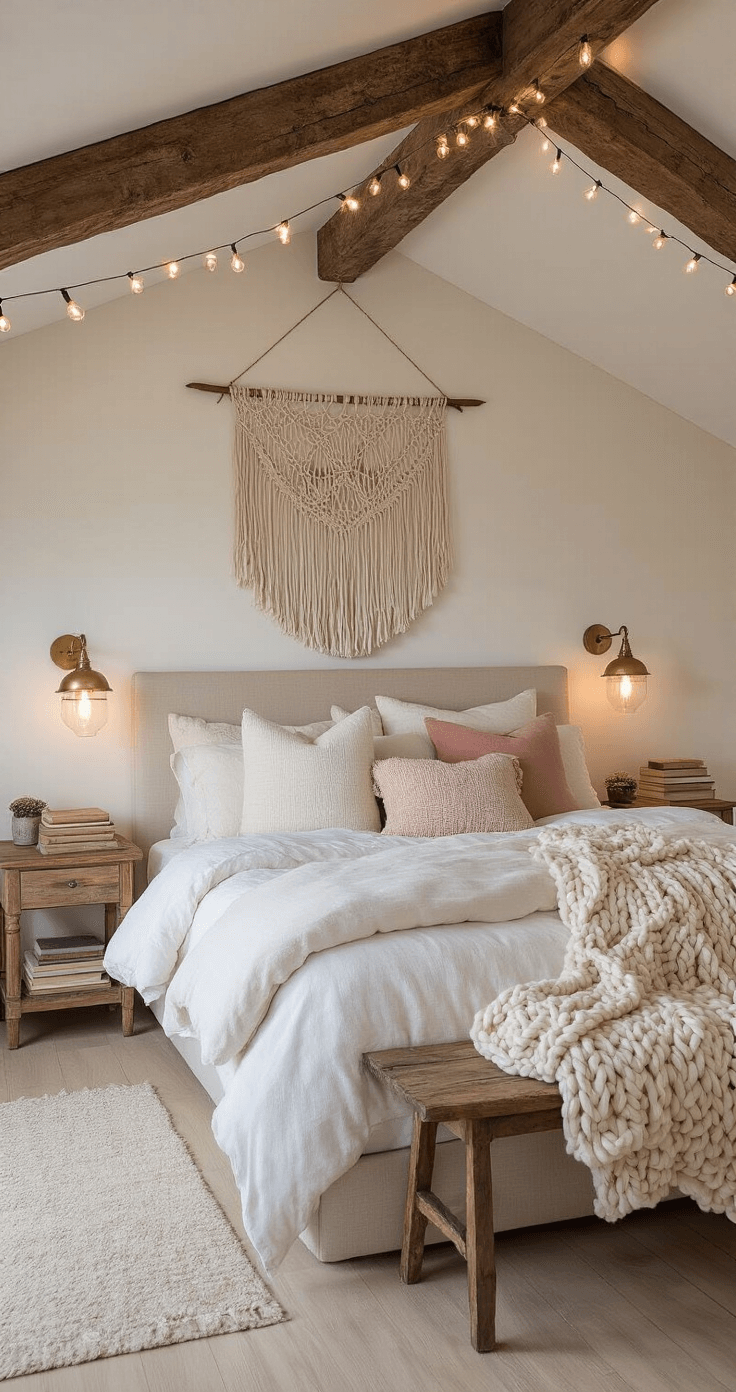 A cozy bedroom at dusk, featuring a queen-size bed with white bedding and pink accent pillows, rustic wooden beams with string lights, vintage brass lamps, a large macramé wall hanging, light oak floors, and potted plants, creating a warm and inviting ambiance.