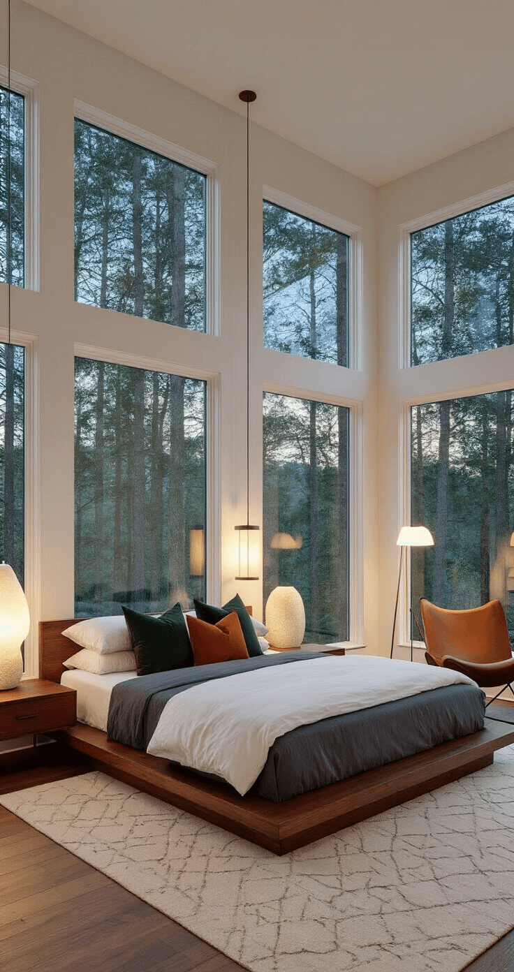 A tranquil master bedroom at twilight featuring floor-to-ceiling windows with a serene forest view, a low-profile walnut platform bed with charcoal linen and a white duvet, accented by green and orange pillows, sculptural ceramic lamps on floating nightstands, a plush geometric area rug, a modern leather reading chair with a floor lamp, sage green walls, and pale gray sheer curtains.