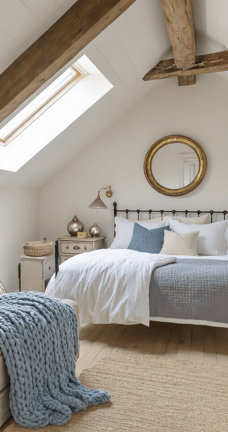 Cozy attic bedroom with slanted ceilings, exposed wooden beams, and soft afternoon light filtering through a large dormer window, featuring a wrought iron bed with white linens, gray coverlet, and blue and cream pillows. Vintage nightstands with mercury glass lamps, a distressed dresser with a round mirror, wide-plank pine floors, and a faded Persian rug create a warm, lived-in atmosphere adorned with a gallery wall of black and white photos.
