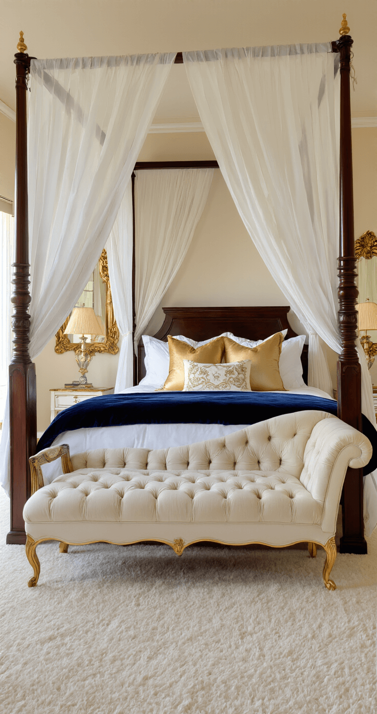 A luxurious master suite featuring a grand four-poster bed with sheer white curtains, deep navy velvet comforter, and an array of gold and cream pillows, illuminated by golden hour light. The room includes a tufted pale gold chaise lounge, ornate gold-framed mirrors, plush cream carpet, navy leather wingback chairs around a marble coffee table, and crystal chandeliers. The warm taupe walls display large-scale abstract art, with floor-to-ceiling ivory silk drapes framing the expansive windows. Shot from a high angle to emphasize elegance and texture.