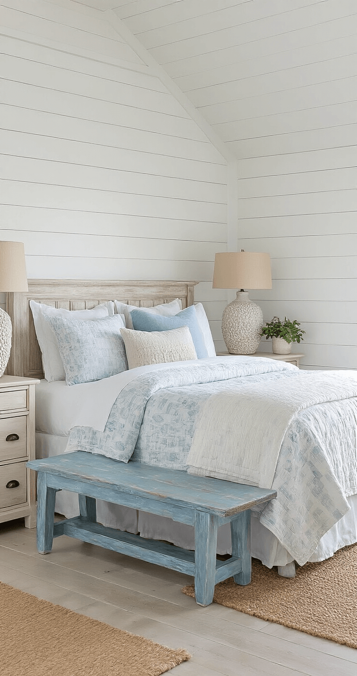 A serene coastal bedroom with a weathered wood bed frame, layered white and pale blue linens, accent pillows, whitewashed nightstands, ceramic lamps, a distressed blue bench, wide-plank whitewashed oak floors, a natural jute rug, soft gray shiplap walls, driftwood art, and billowing sheer curtains, all illuminated by soft morning light.