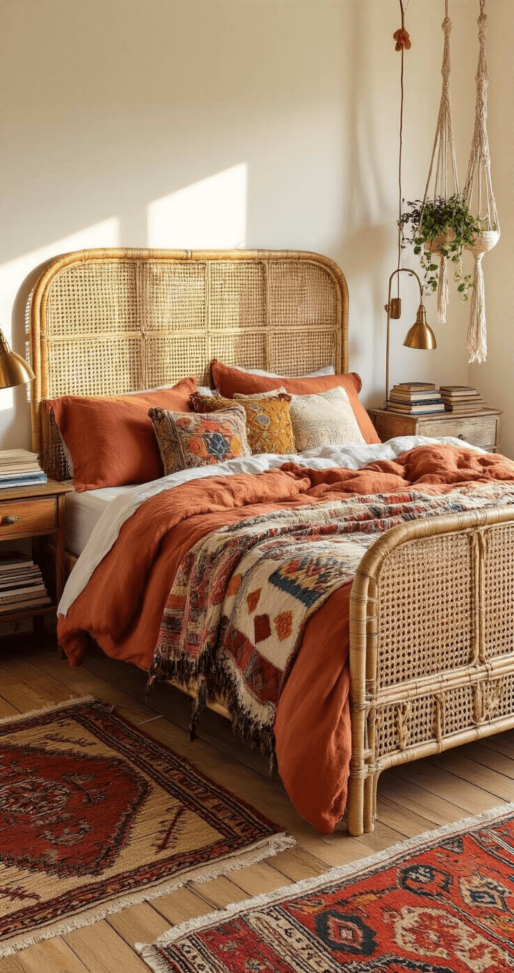 A bohemian-chic bedroom with a rattan bed and warm terracotta bedding, layered with a patchwork quilt and embroidered pillows, illuminated by golden afternoon light; mismatched nightstands with brass lamps, vintage Kilim rugs, macramé plant hangers, and a large fiddle leaf fig tree complete the cozy, eclectic decor.