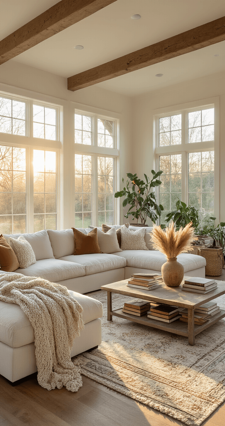 Sunlit living room featuring vaulted ceilings and exposed wooden beams, with a plush ivory sectional, layered area rugs, potted plants, and a distressed wooden coffee table adorned with books and a ceramic vase of pampas grass, captured in warm, golden hour light.