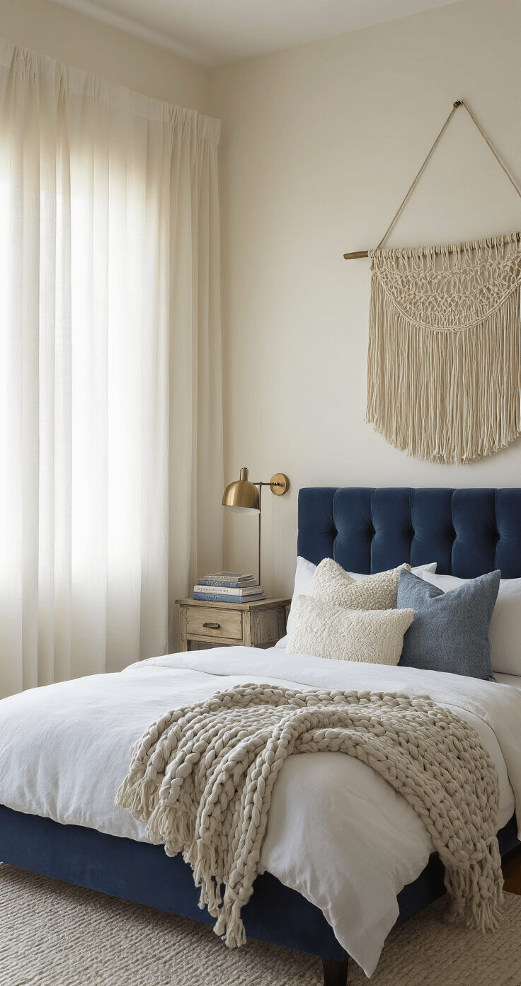 A compact bedroom featuring a low-profile navy platform bed with tufted velvet headboard, layered white linens and a pale gray cable-knit throw, alongside a weathered wooden nightstand with a brass lamp and books, all bathed in soft morning light filtering through sheer linen curtains, with a macramé wall hanging above the bed and warm creamy white walls.