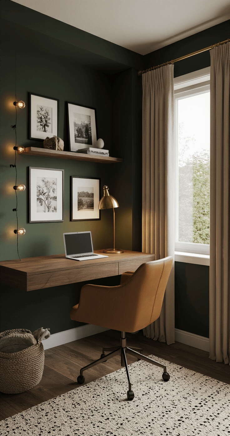 A cozy home office nook in a dark green alcove, featuring a walnut writing desk facing a window, caramel leather chair, warm ambient lighting from a brass floor lamp and Edison bulbs, floor-length geometric print curtains, a gallery wall of black and white photos and botanical prints, and a cream and black Berber rug on hardwood floors.