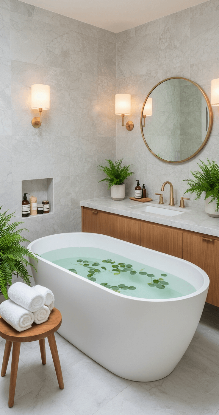 A serene bathroom spa retreat featuring a matte white freestanding oval bathtub with steaming water and eucalyptus leaves, surrounded by pale gray marble tiles, warm wood accents, plush white towels, artisanal bath products, and lush potted ferns, all illuminated by soft light from frosted glass sconces.