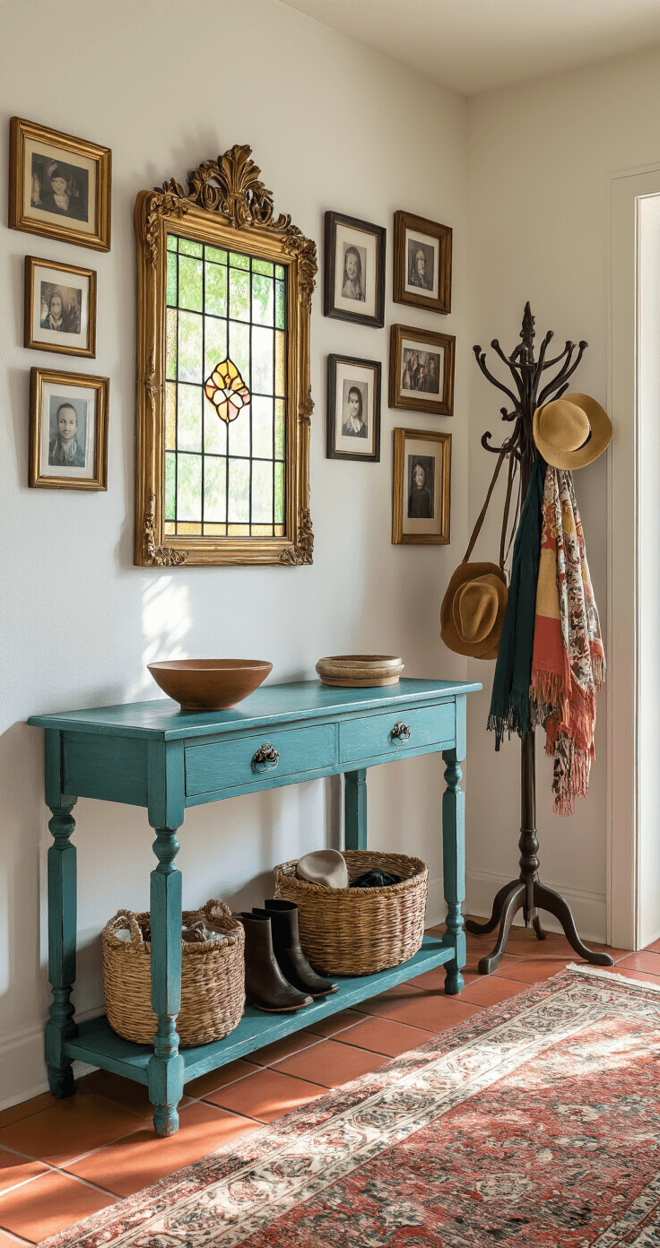 A cozy entryway with a vintage teal console table, ornate gold-framed mirror, family photos above, and a plush runner rug on terracotta tiles, illuminated by late afternoon light through a stained glass window.