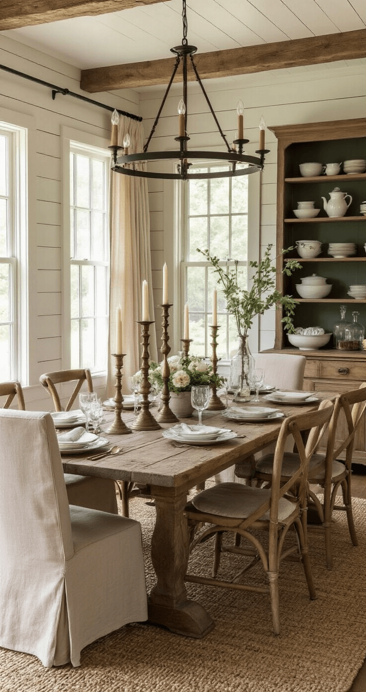 A rustic dining room set for a cozy dinner, featuring a long reclaimed wood farmhouse table with mismatched brass candlesticks, soft linen-upholstered chairs, a large iron chandelier, shiplap walls in warm white and a deep forest green accent wall, and a weathered oak sideboard displaying vintage china.