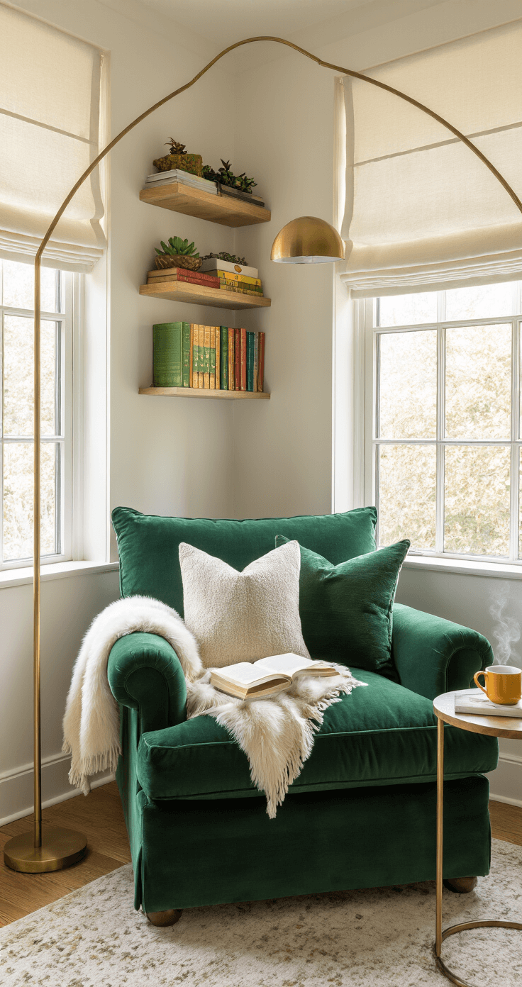 A cozy reading nook in a window alcove with an emerald velvet armchair, adorned with textured throw pillows and a faux fur blanket. A brass floor lamp arches overhead, illuminating a side table with tea and a book. A floating shelf displays colorful books and succulents, against warm taupe walls, with light filtering through sheer roman shades.