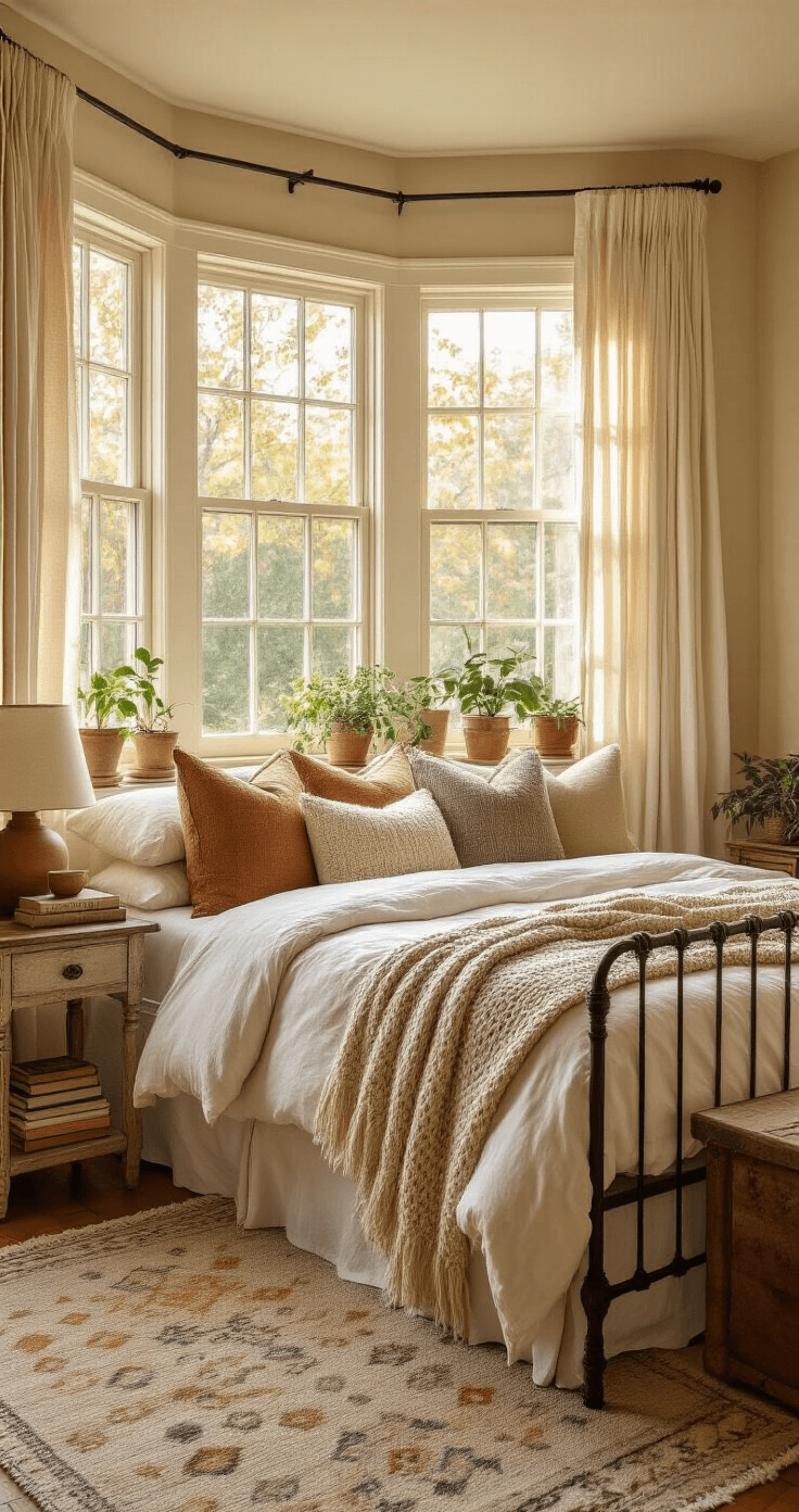 A cozy bedroom nook with a bay window featuring a cushioned seat and chunky knit throw, a wrought iron bed with white linens and earth-toned pillows, sheer curtains filtering warm golden hour light, a distressed wood nightstand with a ceramic lamp, vintage books, potted plants, and a handwoven geometric rug, all creating a serene and inviting atmosphere.
