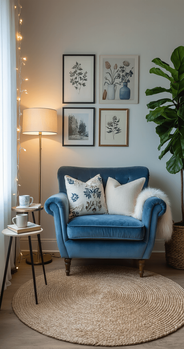 Cozy living room corner with a dusty blue velvet armchair, faux fur throw, and embroidered pillows, illuminated by string lights and a floor lamp, surrounded by a gallery wall of botanicals and photos, a jute rug, a steaming mug on a side table, and a fiddle leaf fig tree, all in warm, dimmed lighting.