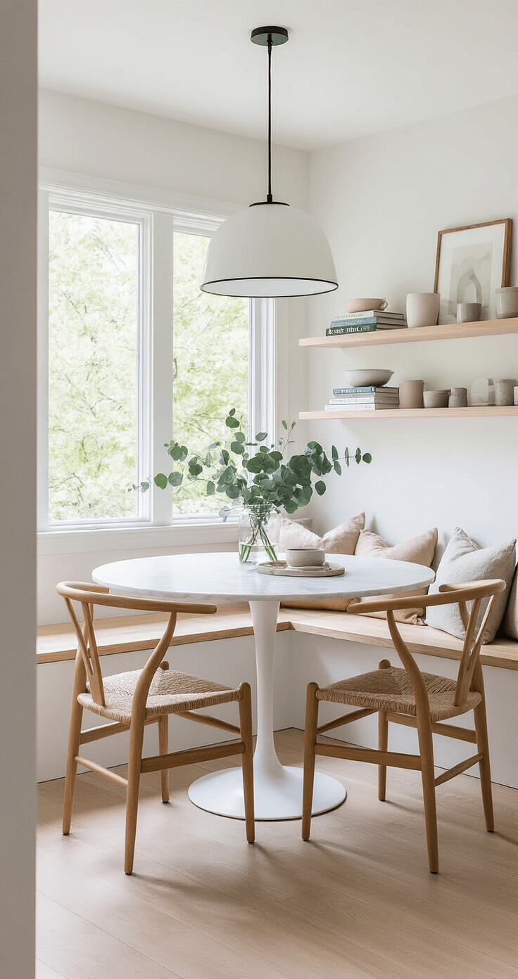 A bright Scandinavian-inspired dining nook featuring a round white marble table, wooden chairs with woven rope seats, and a minimalist black pendant light, surrounded by large windows with views of leafy trees, crisp white walls with a pale blush accent wall, and a curated shelf of ceramics, all on wide-plank light oak floor partially covered by a geometric rug.