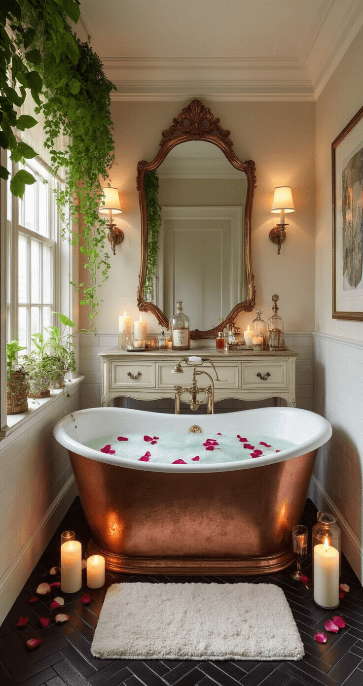 A luxurious bathroom retreat featuring a copper freestanding bathtub surrounded by candles, a vintage dresser vanity, and lush green plants, with a cozy ambiance created by soft candlelight and elegant decor.