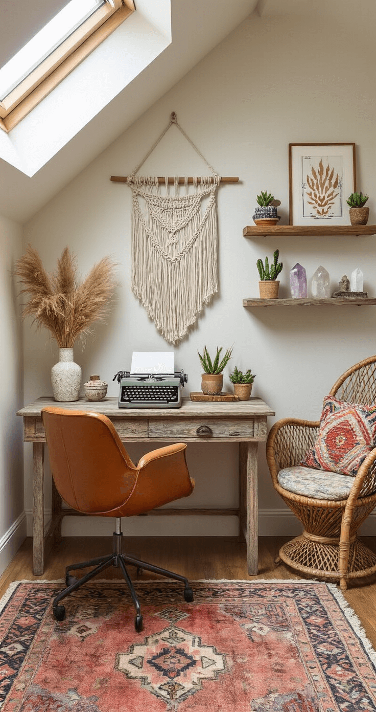 A cozy bohemian home office nook with a weathered wood desk, vintage typewriter, and a macramé wall hanging, illuminated by skylight. Features include a mid-century cognac leather chair, floating shelves with crystals and succulents, a Moroccan-style rug, and a rattan peacock chair in the corner. Warm white and terracotta walls enhance the dreamy atmosphere.