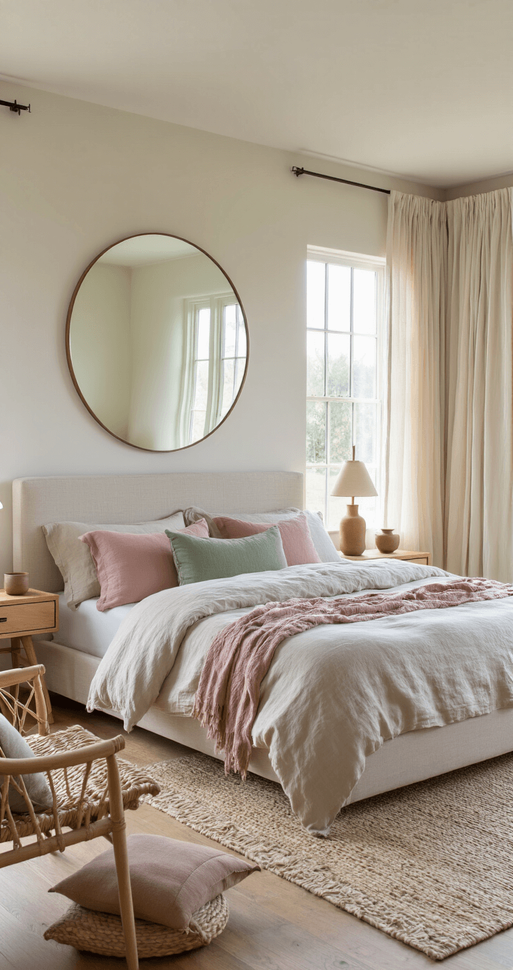A serene bedroom with a low-profile platform bed, oatmeal-colored bedding, and dusty pink and sage green pillows, accented by sheer curtains and a large circular mirror. Minimalist wooden nightstands with ceramic lamps flank the bed, while a cozy reading nook with a rattan chair complements the light oak floors and warm creamy white walls, all bathed in soft morning light.