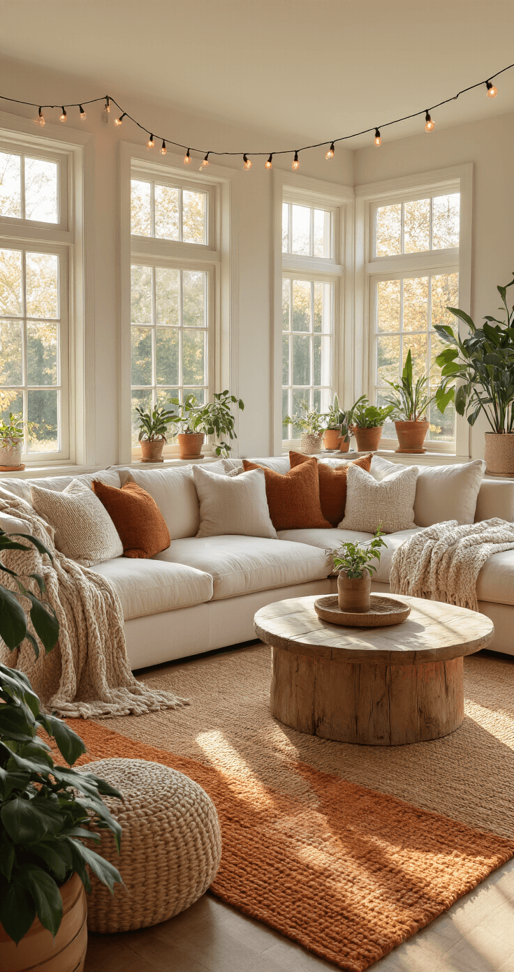 A cozy living room featuring a plush cream sectional with earth-toned pillows, a soft gray knit blanket, a round weathered wood coffee table on layered rugs, and potted plants, all illuminated by warm afternoon light and string lights for a welcoming atmosphere.