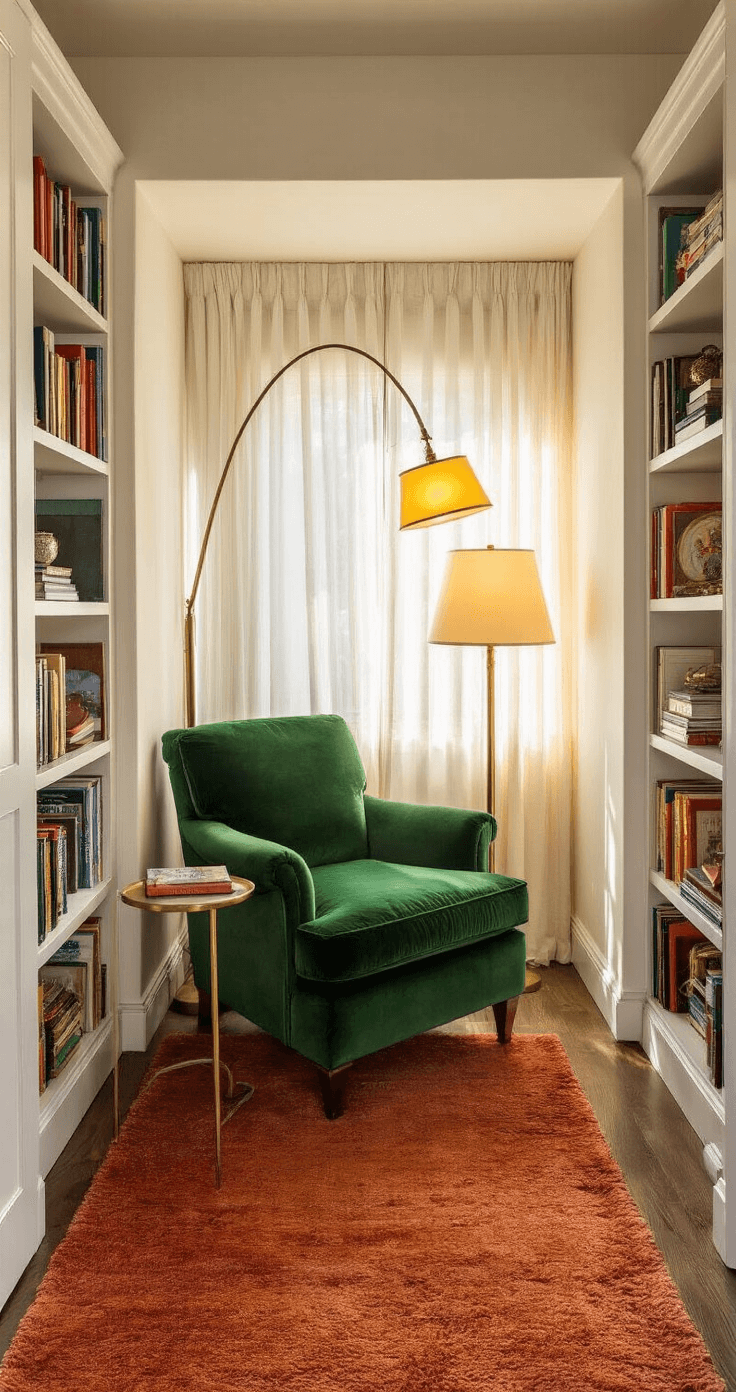 A cozy reading nook in a small alcove, featuring a forest green velvet armchair, warm brass side table, and a floor lamp. Bookshelves filled with colorful books line the walls, and a terracotta rug adds warmth. Soft morning light filters through sheer curtains, complemented by a sunset lamp casting a golden glow.