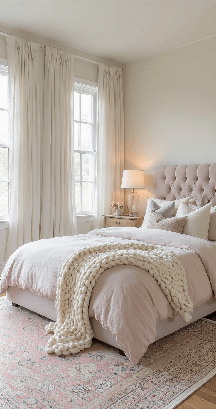A dreamy bedroom with a king-sized bed dressed in cream, pale pink, and soft gray linens, featuring a tufted blush headboard. Light wood bedside tables with glowing glass lamps, a chunky cream knit throw blanket, sheer curtains billowing from large windows, and a vintage Persian rug in faded hues. Camera angle at bed level showcasing the inviting atmosphere.
