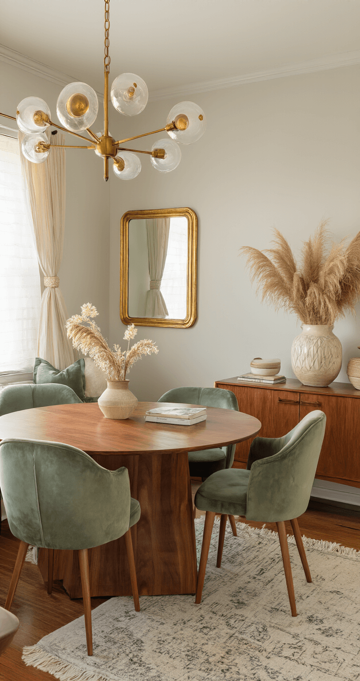 A cozy dining area in a 10x12 foot space, featuring a round walnut table with mid-century modern sage green chairs, a warm-toned chandelier, a large gold-framed mirror, and a sideboard with ceramics and pampas grass, all illuminated by the golden hour light.