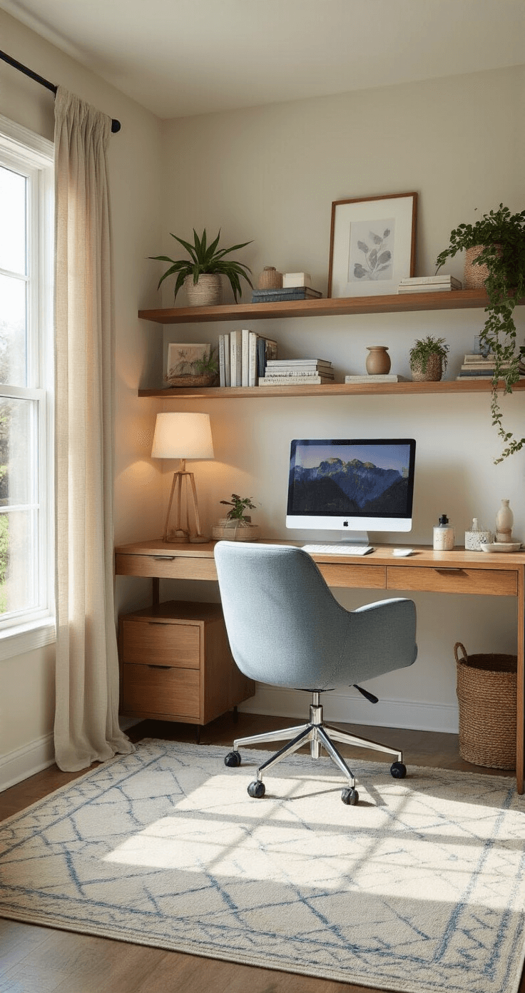 A serene home office in a corner, featuring a warm wood desk, ergonomic blue-gray chair, and large windows with light curtains, complemented by floating shelves with books and plants, a plush geometric rug, a floor lamp, and an essential oil diffuser, all bathed in soft morning light.