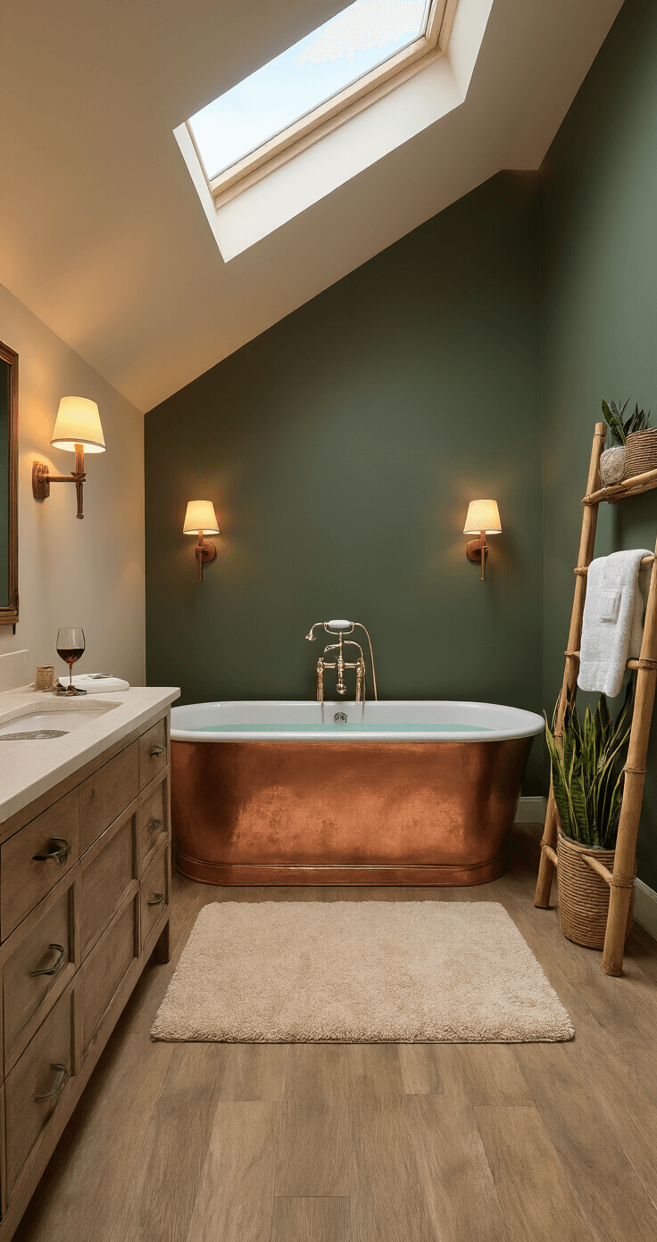 Cozy Bathroom Bliss: Transform Your Space into a Relaxing Retreat Cozy bathroom interior featuring a freestanding copper bathtub, potted snake plants, and warm ambient lighting, with vaulted ceilings and a skylight, captured from the doorway in a soft focus for a dreamy effect.