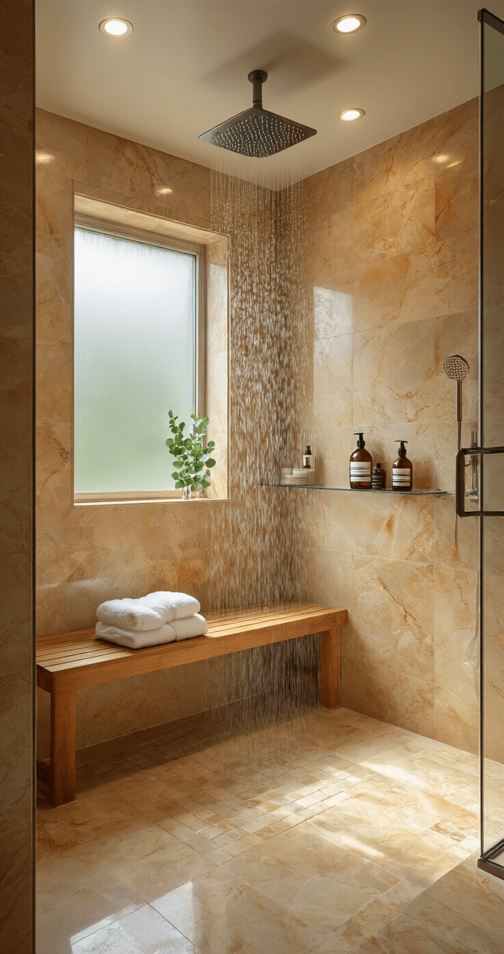 Cozy Bathroom Bliss: Transform Your Space into a Relaxing Retreat Close-up of a luxurious shower space featuring warm honey-toned marble tiles, a rainfall showerhead, and a teak bench with rolled towels, illuminated by morning light through a frosted glass window. Eucalyptus bundle and artisanal bath products enhance the serene atmosphere with rising steam and soft lighting.